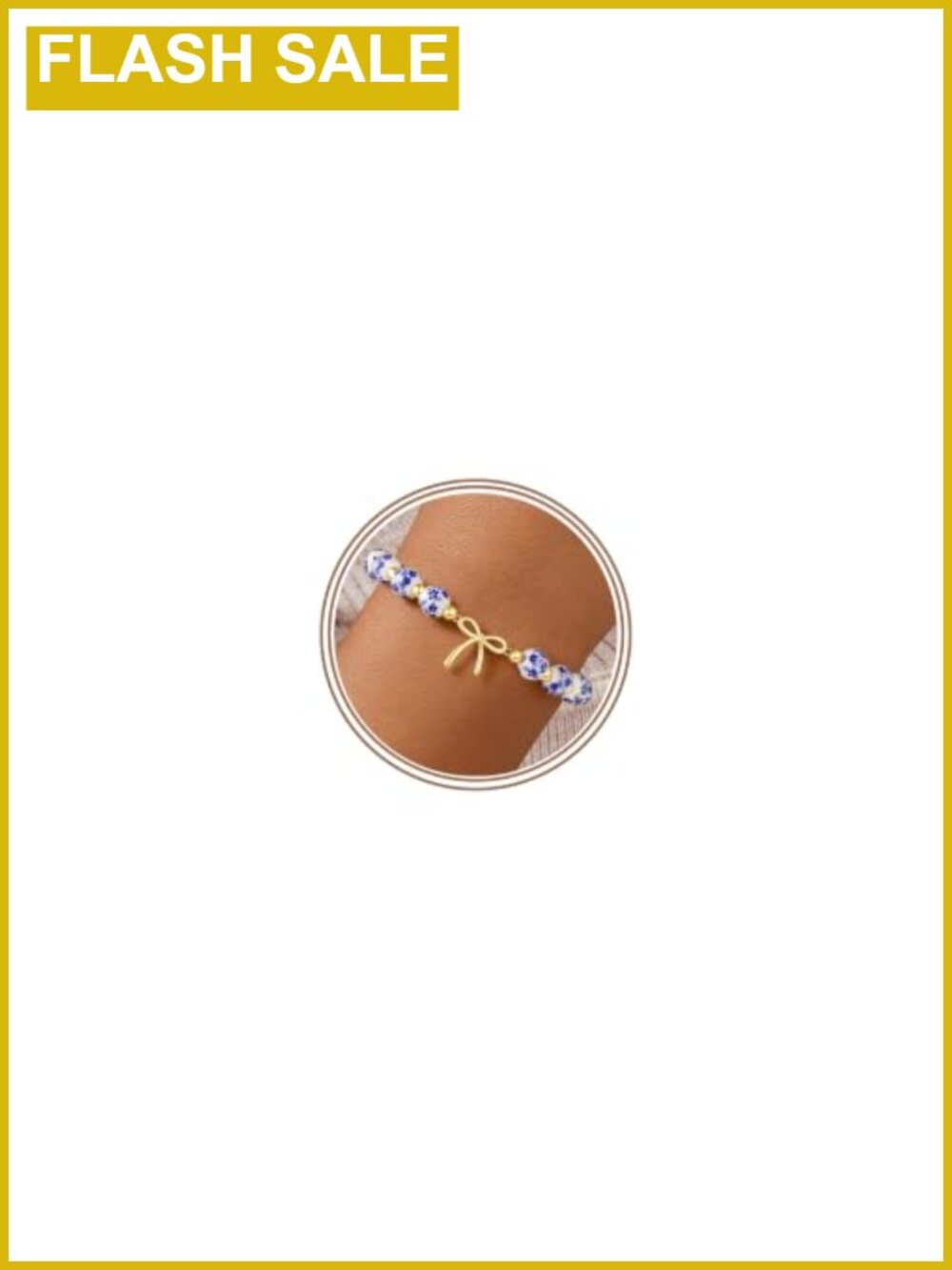 Ceramic Beaded Stretch Bracelet Gold Bow Accent 7 Inch